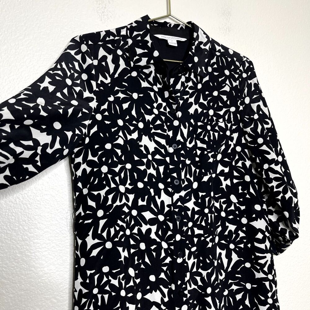 Diane Von Furstenberg Shirt Dress Sz 4 Black White 100% Silk Floral Button Front